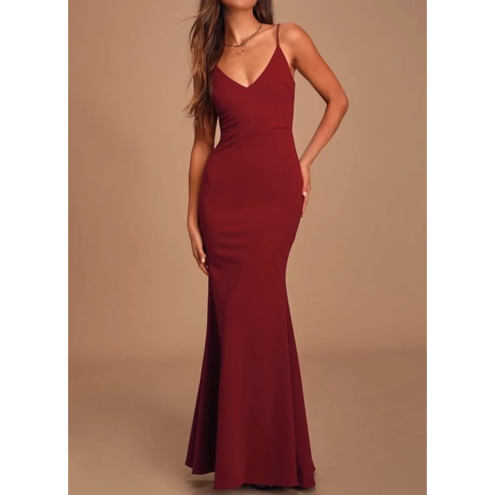 Lulus Infinite Glory Burgundy Maxi Dress V-Neck Mermaid Gown Small